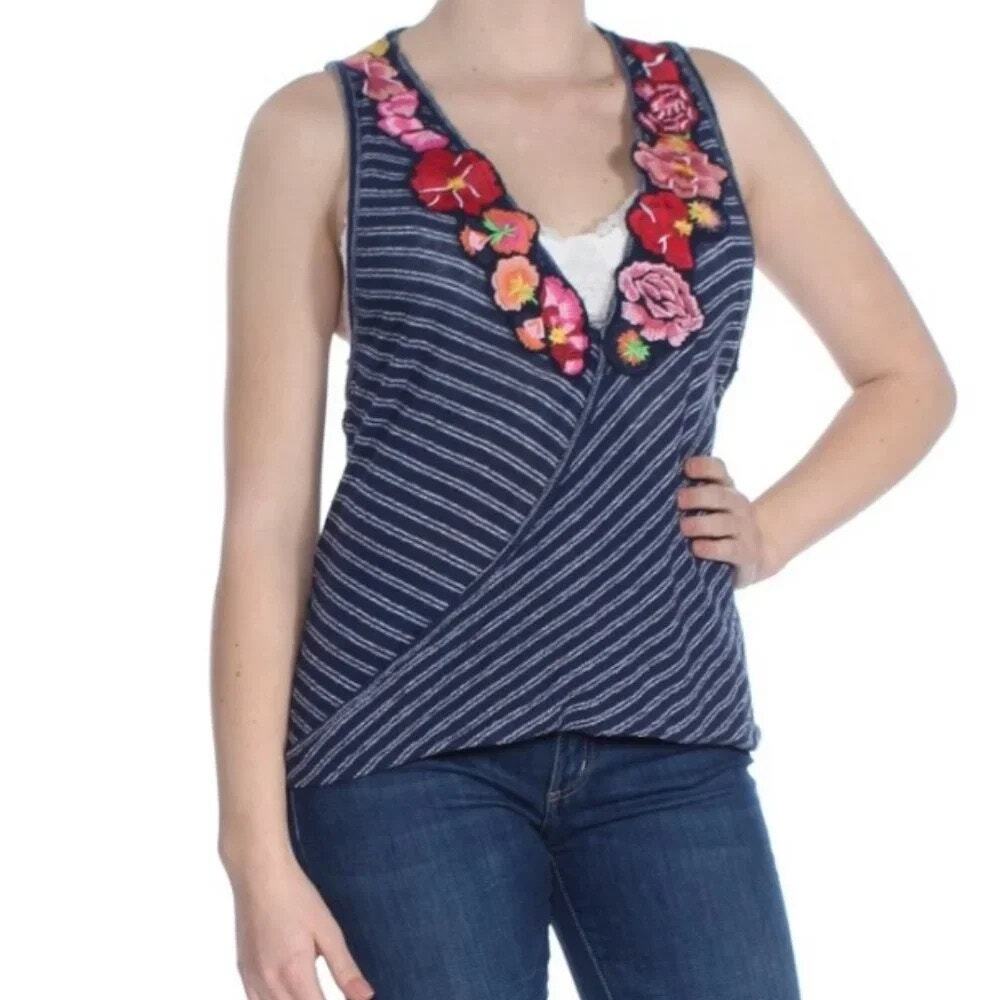 Free People Frida Embroidered Striped Tank Navy Womens Small Floral Flattering - Picture 9 of 9